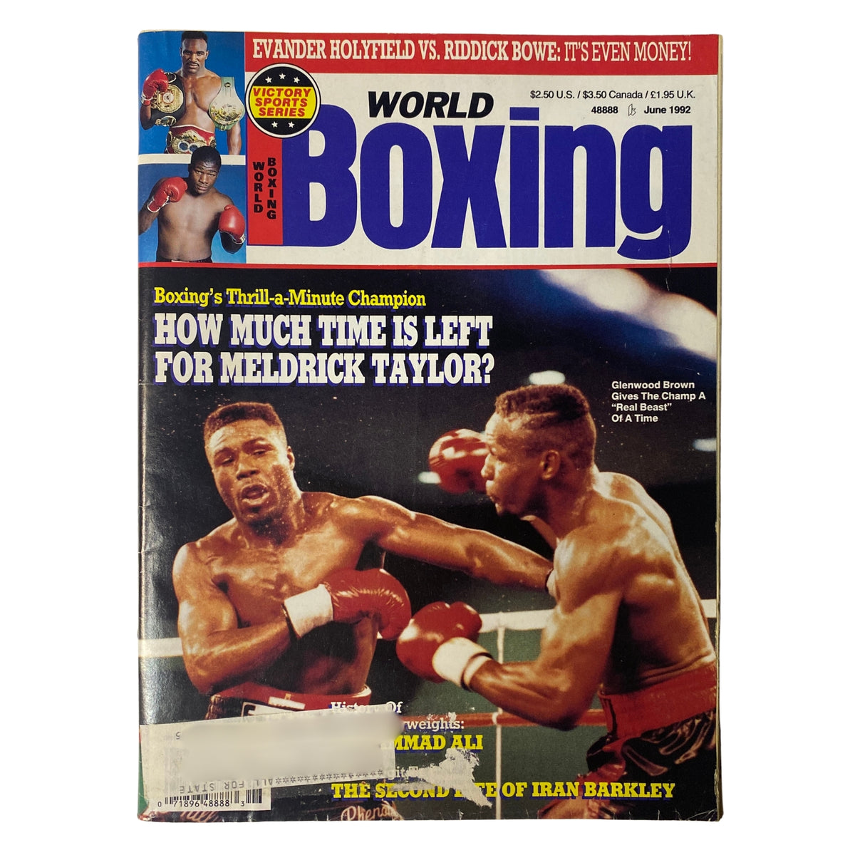 Cover of World Boxing Magazine June 1992 featuring Glenwood Brown and Meldrick Taylor with the headline 'Boxing's Thrill-a-Minute Champion: How Much Time is Left for Meldrick Taylor?' and pictures of boxers in action.