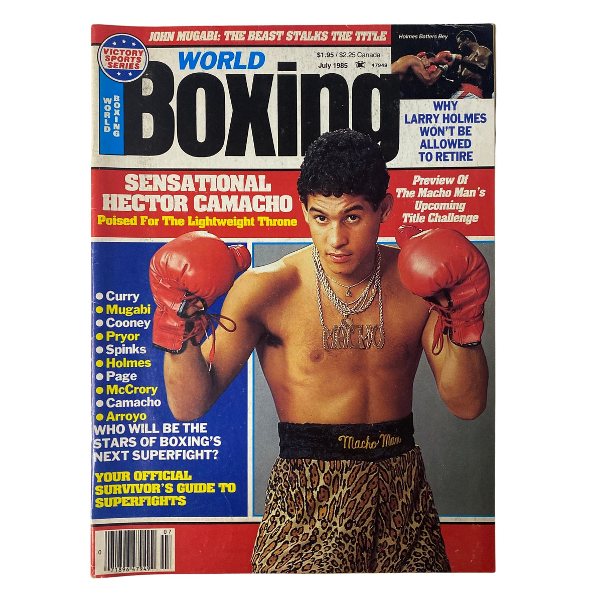 World Boxing Magazine July 1985 featuring Hector Camacho on the cover, showcasing him in boxing gloves and a dramatic pose, highlighting his rise in the sport.