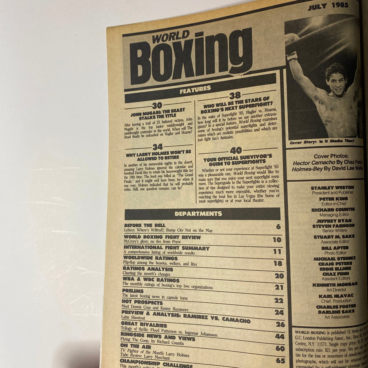 Inside page of World Boxing Magazine from July 1985, featuring content about boxing highlights and notable fighters, including Hector Camacho and John Mugabi.