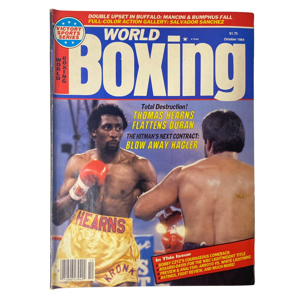 Cover of World Boxing Magazine October 1984 featuring Thomas Hearns vs Roberto Durán. The cover highlights 'Total Destruction! Thomas Hearns Flattens Durán' and mentions Hearns’ upcoming fight against Hagler. The magazine is a vintage collectible in good condition.