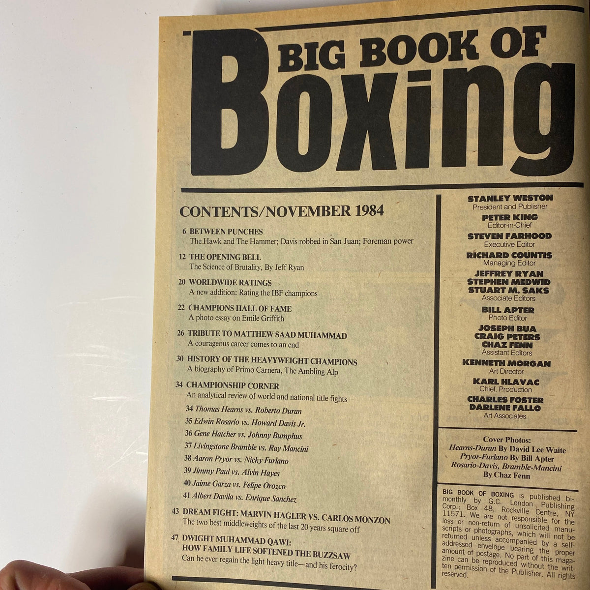 Contents page of Big Book of Boxing Magazine, November 1984 edition, listing articles including Between Punches, Champions Hall of Fame, and Dream Fight Marvin Hagler vs. Carlos Monzon.