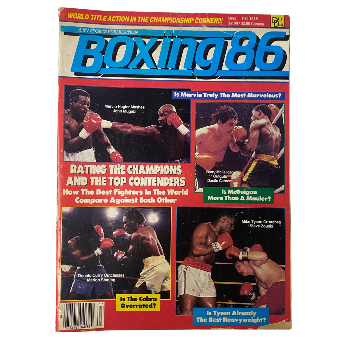Boxing 86 Magazine Fall 1986 featuring Marvin Hagler vs John Mugabi on the cover. The cover highlights key boxing topics, including ratings of champions and contenders, and poses questions about current stars like Mike Tyson. This collector’s issue showcases the thrilling era of boxing in 1986.