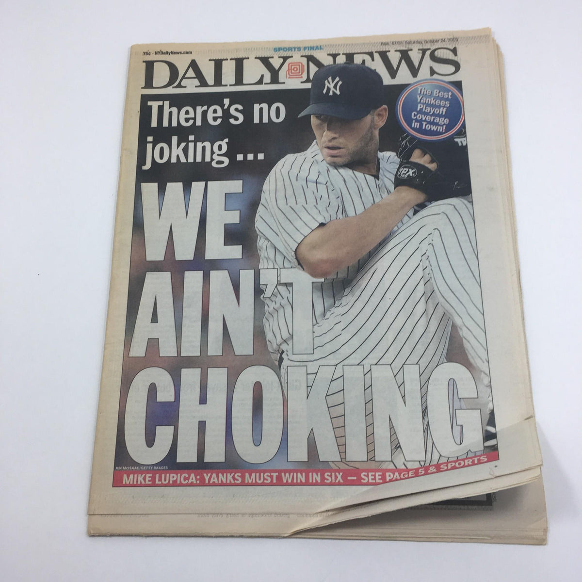 NY Daily News cover from October 24, 2009, featuring the headline 'There's No Joking We Ain't Choking' with a baseball player in action, emphasizing a key sports moment.
