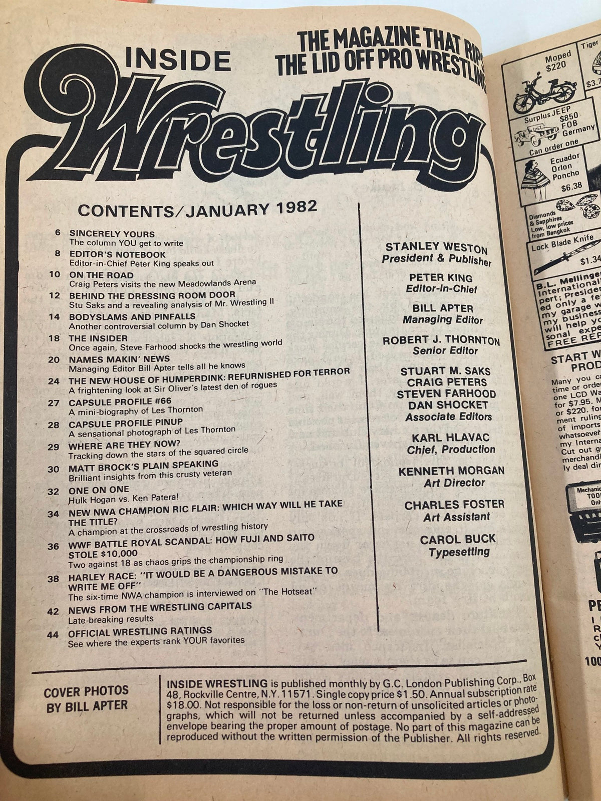 Contents page of VTG Inside Wrestling Magazine January 1982, listing articles and features including specifics about Ric Flair and wrestling history, highlighting the magazine's focus on professional wrestling narratives.