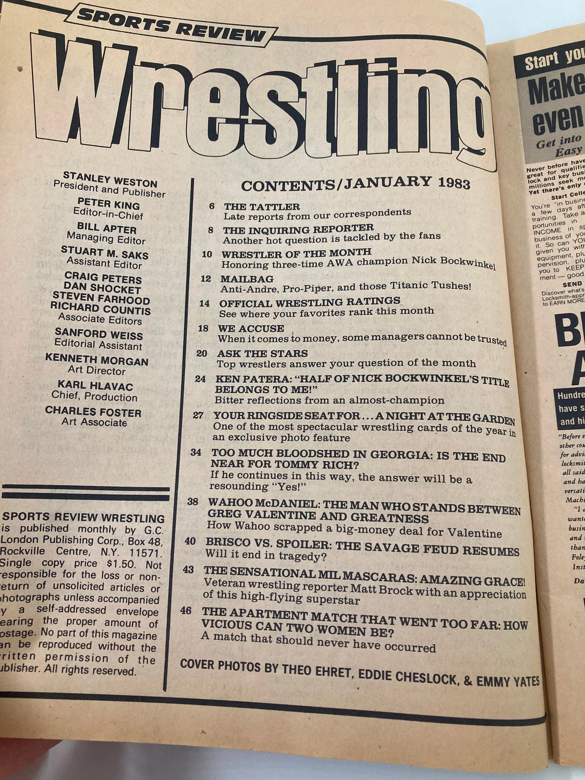 Table of contents page from the VTG Sports Review Wrestling Magazine January 1983, listing articles and features including topics such as 'Too Much Bloodshed in Georgia' and details on wrestlers like Greg Valentine and Tommy Rich.