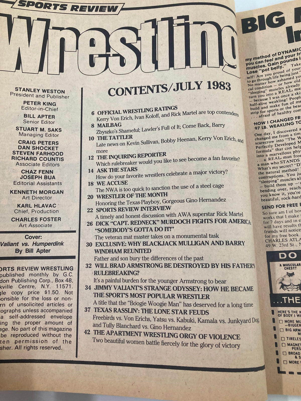 Table of contents from VTG Sports Review Wrestling July 1983, detailing articles including interviews, wrestling ratings, and features on Gino Hernandez and Jimmy Valiant.