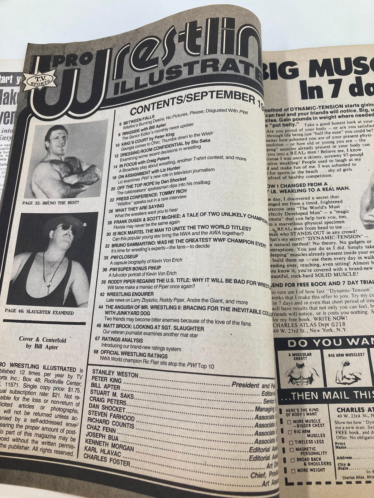 Interior page of VTG Pro Wrestling Illustrated Magazine September 1983 displaying the contents, including mentions of Bruno Sammartino and popular wrestling topics of the time.