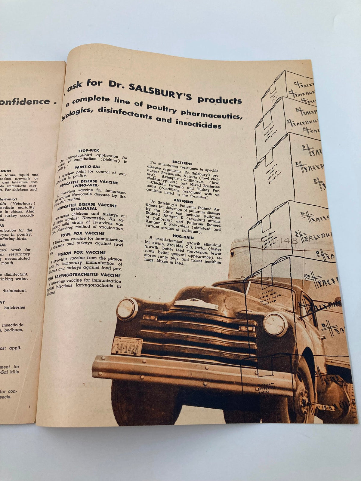 Product listing page from the 1952 Dr. Salsbury's Poultry Health Messenger, outlining various veterinary products and medications for poultry health, featuring an image of a vintage truck.