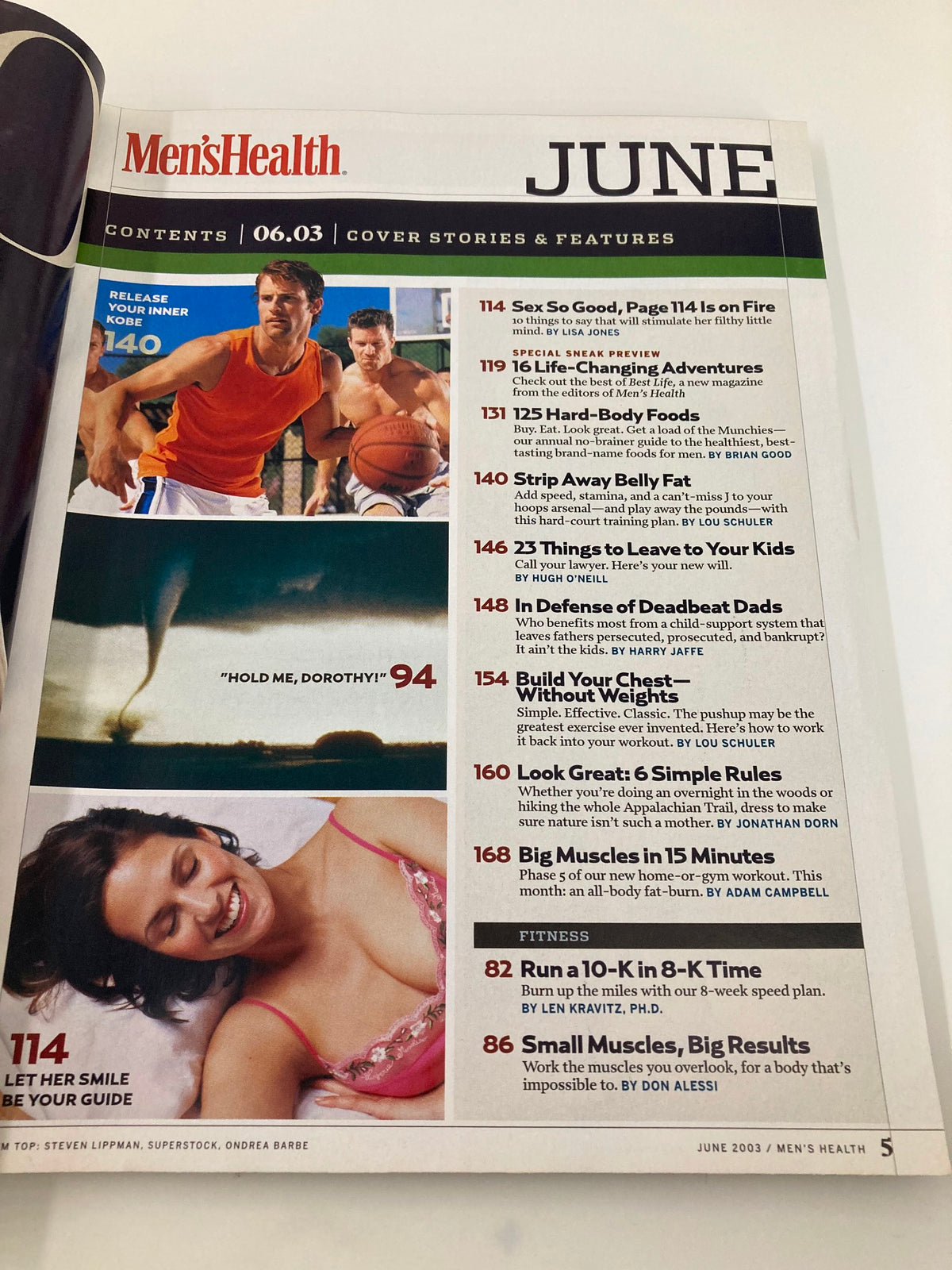 Contents page of Men's Health Magazine June 2003 highlighting features including 'In Defense of Deadbeat Dads' by Harry Jaffe and various articles related to health and fitness.