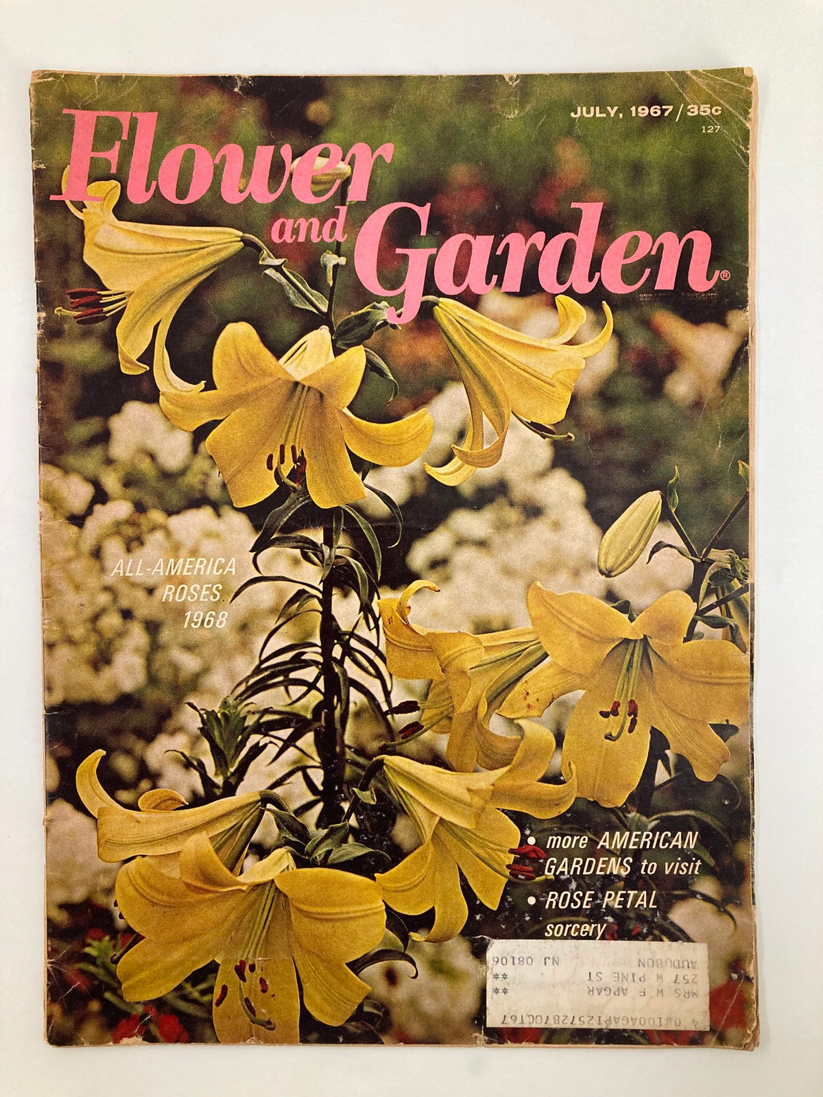 Cover of VTG Flower and Garden Magazine from July 1967 featuring hybrid lilies, known as Lime-Light, against a colorful floral background.