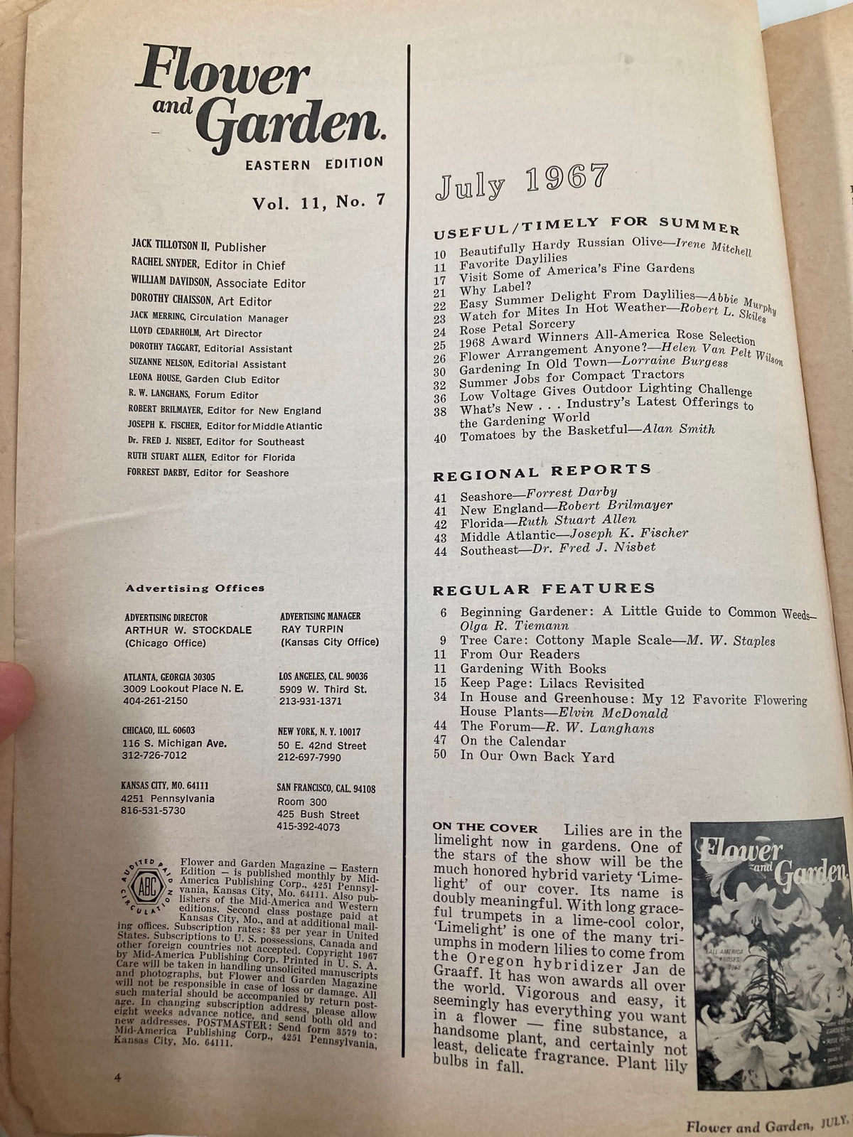 Interior page of VTG Flower and Garden Magazine July 1967 featuring contents and article listings related to gardening and horticulture.