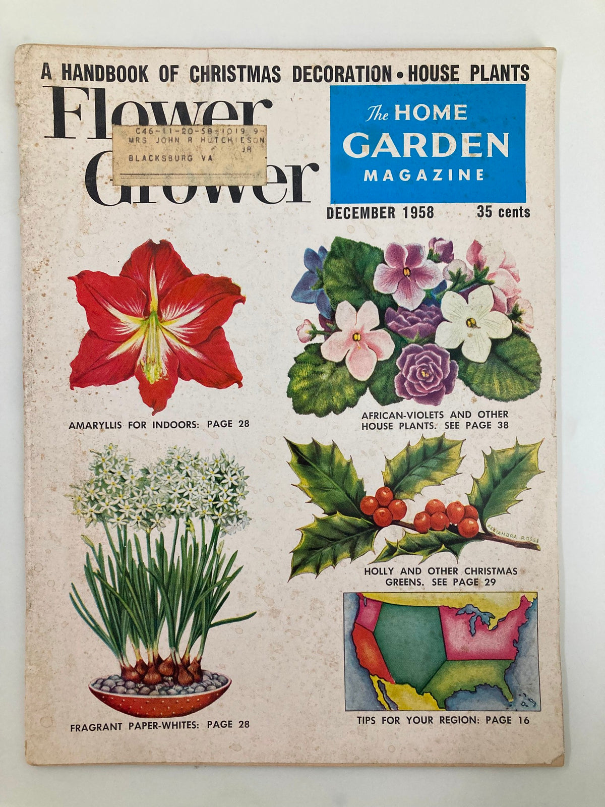 Cover of VTG The Home Garden Magazine December 1958 featuring colorful illustrations of houseplants, including Amaryllis and African Violets, offering a nostalgic look at vintage gardening practices.