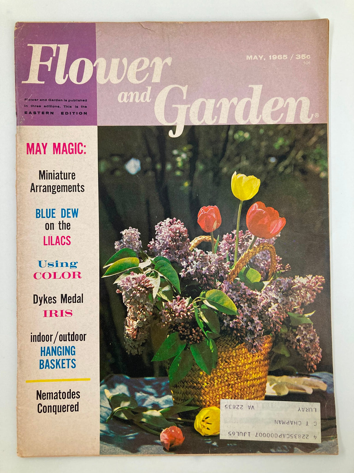 VTG Flower and Garden Magazine May 1965 cover featuring blooming lilacs and tulips in a woven hanging basket, showcasing gardening trends of the 1960s.