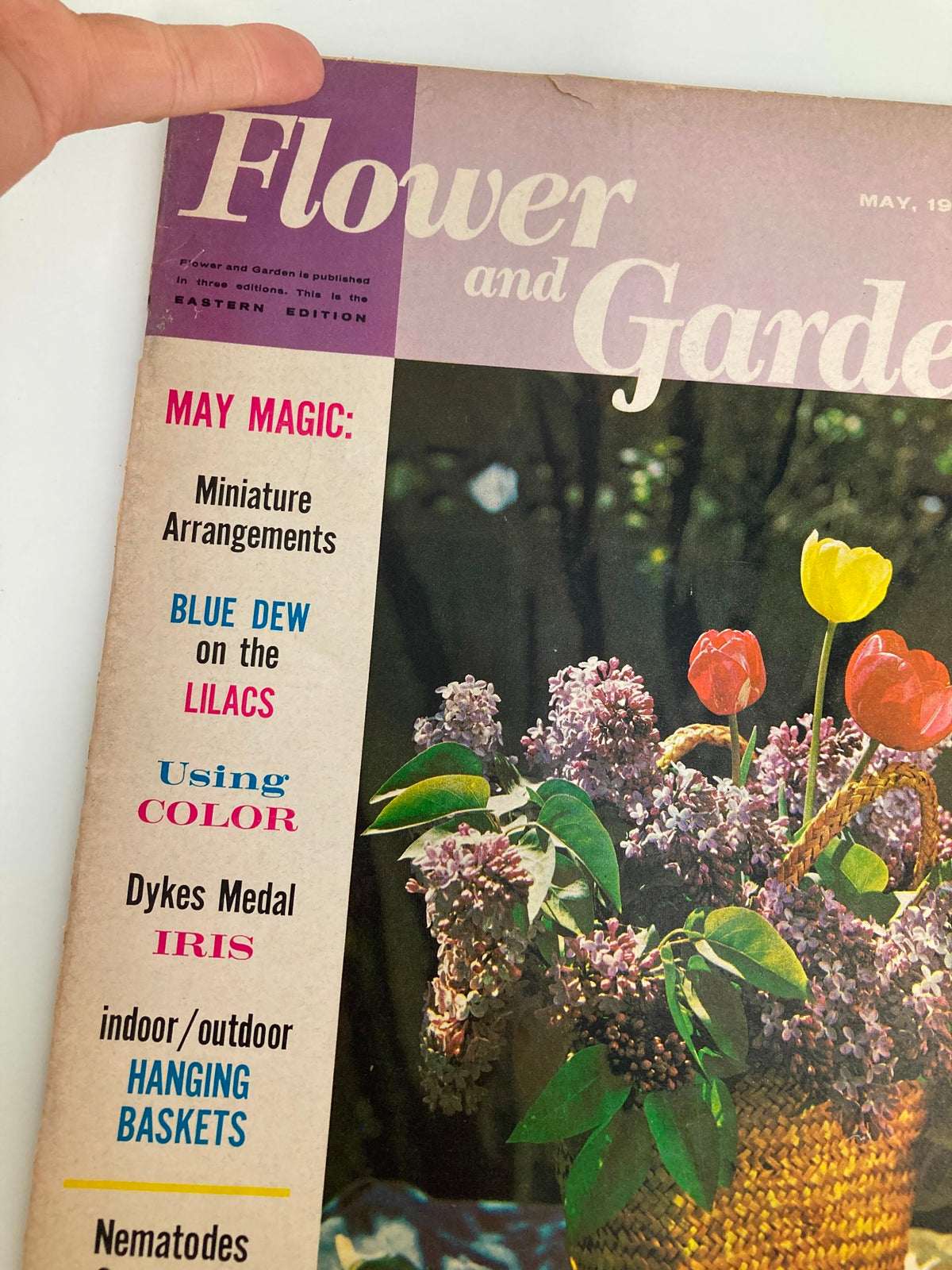 Close-up view of the VTG Flower and Garden Magazine May 1965 cover highlighting the text 'Indoor/Outdoor Hanging Baskets' alongside vibrant flowers.