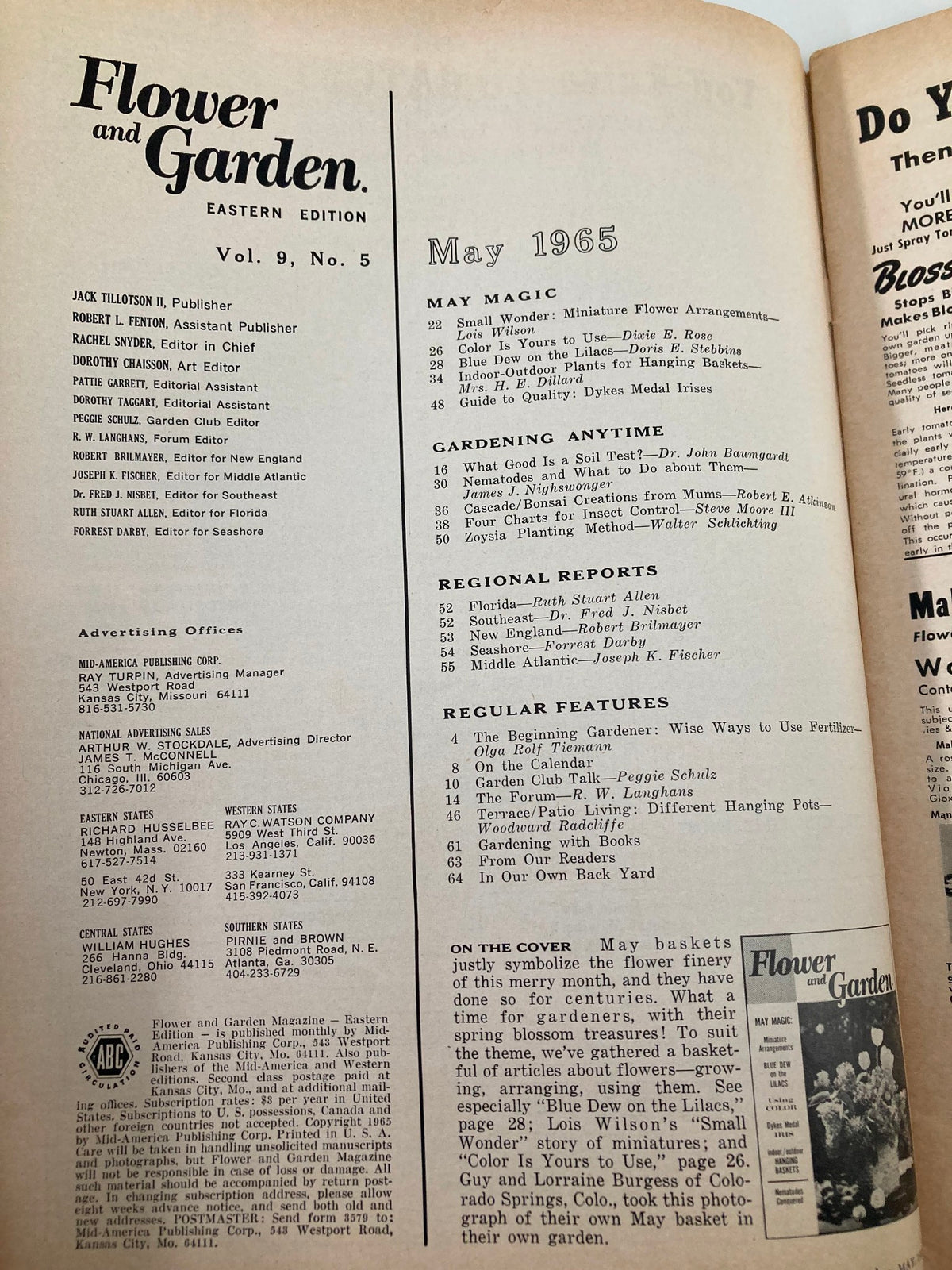 Inside page of VTG Flower and Garden Magazine May 1965 showcasing the table of contents with article titles related to gardening, including features on miniature flower arrangements and hanging baskets.