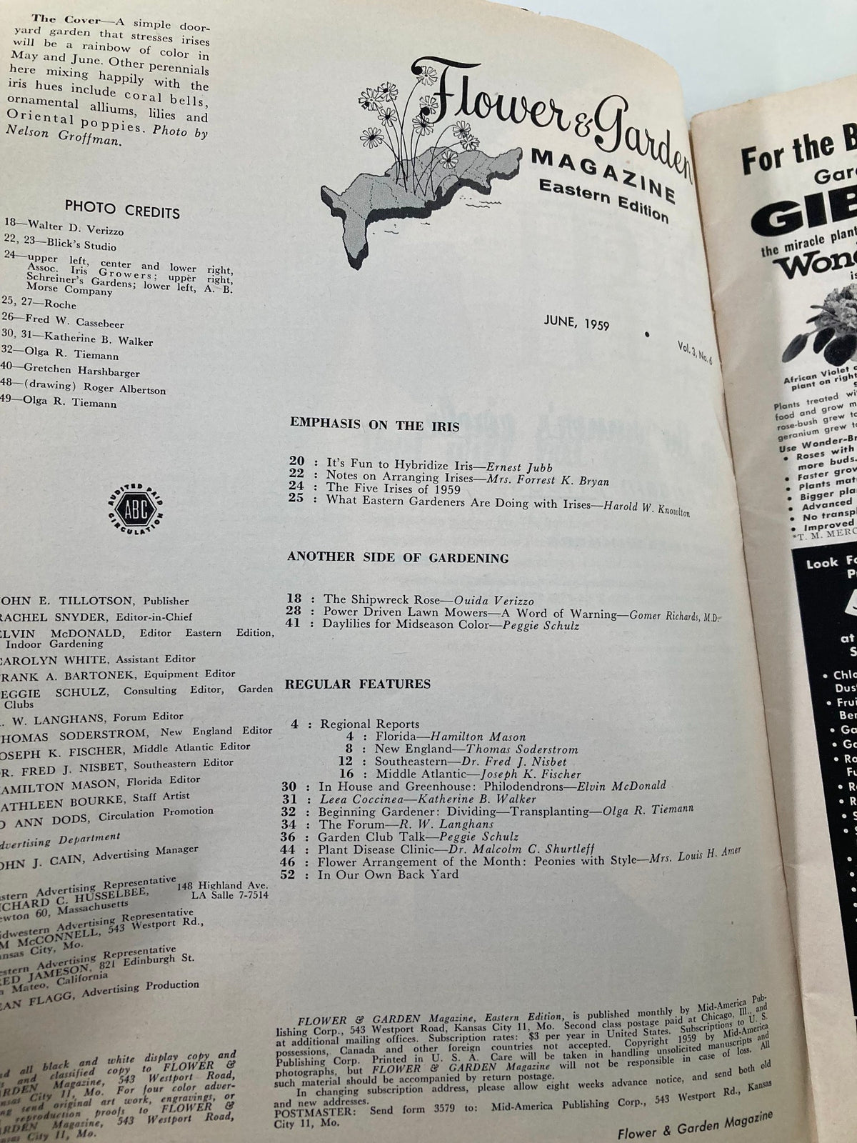 Cover page of the June 1959 VTG Flower and Garden Magazine featuring articles on gardening, particularly focusing on hybridizing iris flowers. The magazine highlights various gardening techniques and includes vibrant graphics.