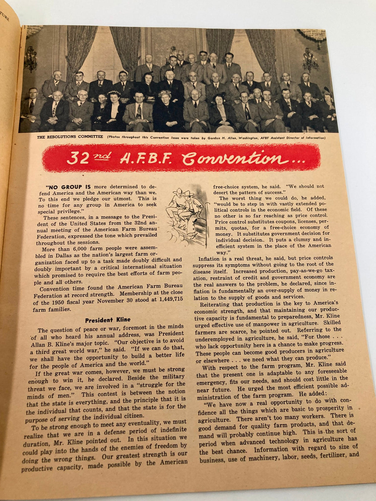 Interior page of VTG The Nation's Agriculture Magazine February 1951 showcasing the Resolutions Committee at the 32nd A.F.B.F. Convention with notable agricultural leaders.