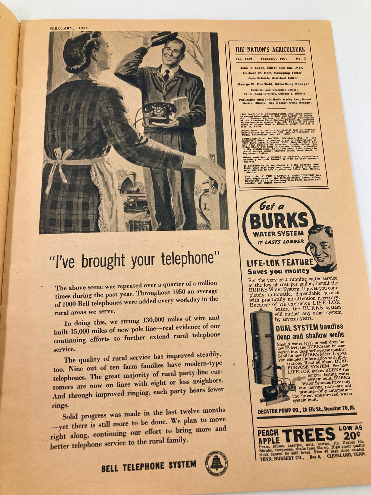 VTG The Nation's Agriculture Magazine February 1951 page featuring a black and white illustration of a man delivering a telephone to a woman in a checkered dress and apron.