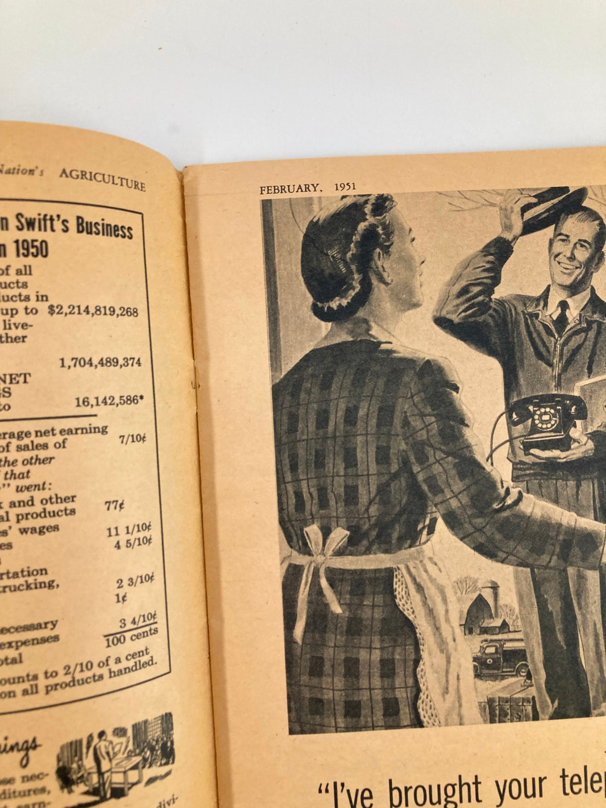 VTG The Nation's Agriculture Magazine February 1951 close-up page showcasing a man delivering a telephone to a smiling woman, with agricultural statistics on the side.