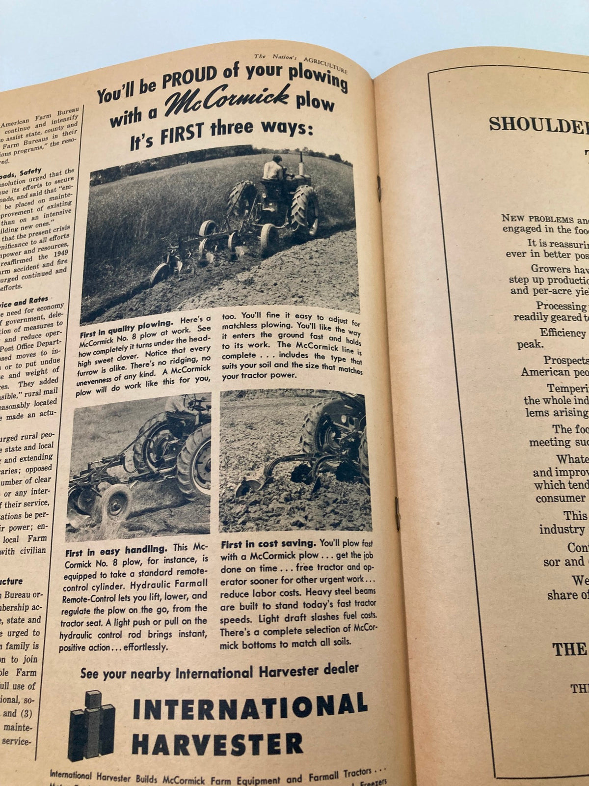 VTG The Nation's Agriculture Magazine February 1951 page advertising a McCormick plow with a farmer plowing a field, highlighting efficiency in agriculture.