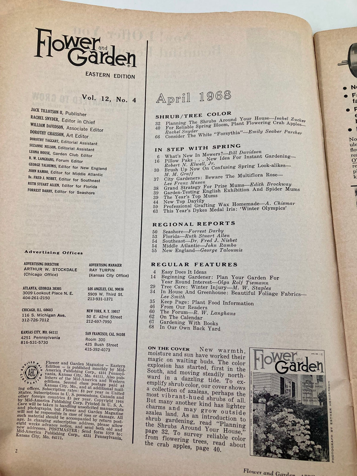 Inside page of VTG Flower and Garden Magazine April 1968 showing the table of contents and features including articles on gardening tips and plant care.