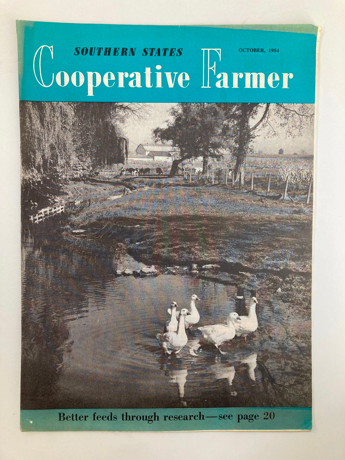 Cover of the VTG Southern States Cooperative Farmer magazine from October 1954, featuring a serene rural scene with ducks swimming in a pond and farm buildings in the background. The magazine highlights 'Better Feed Through Research'.