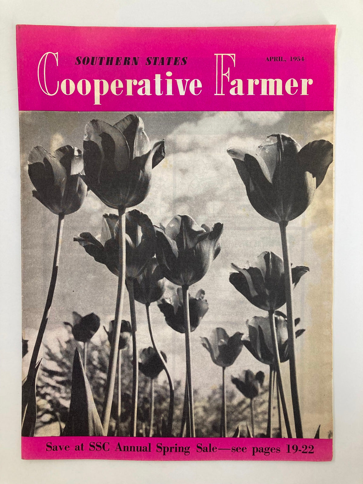 Vintage Southern States Cooperative Farmer magazine from April 1954 featuring bright pink cover and tulip flowers, promoting the annual spring sale.