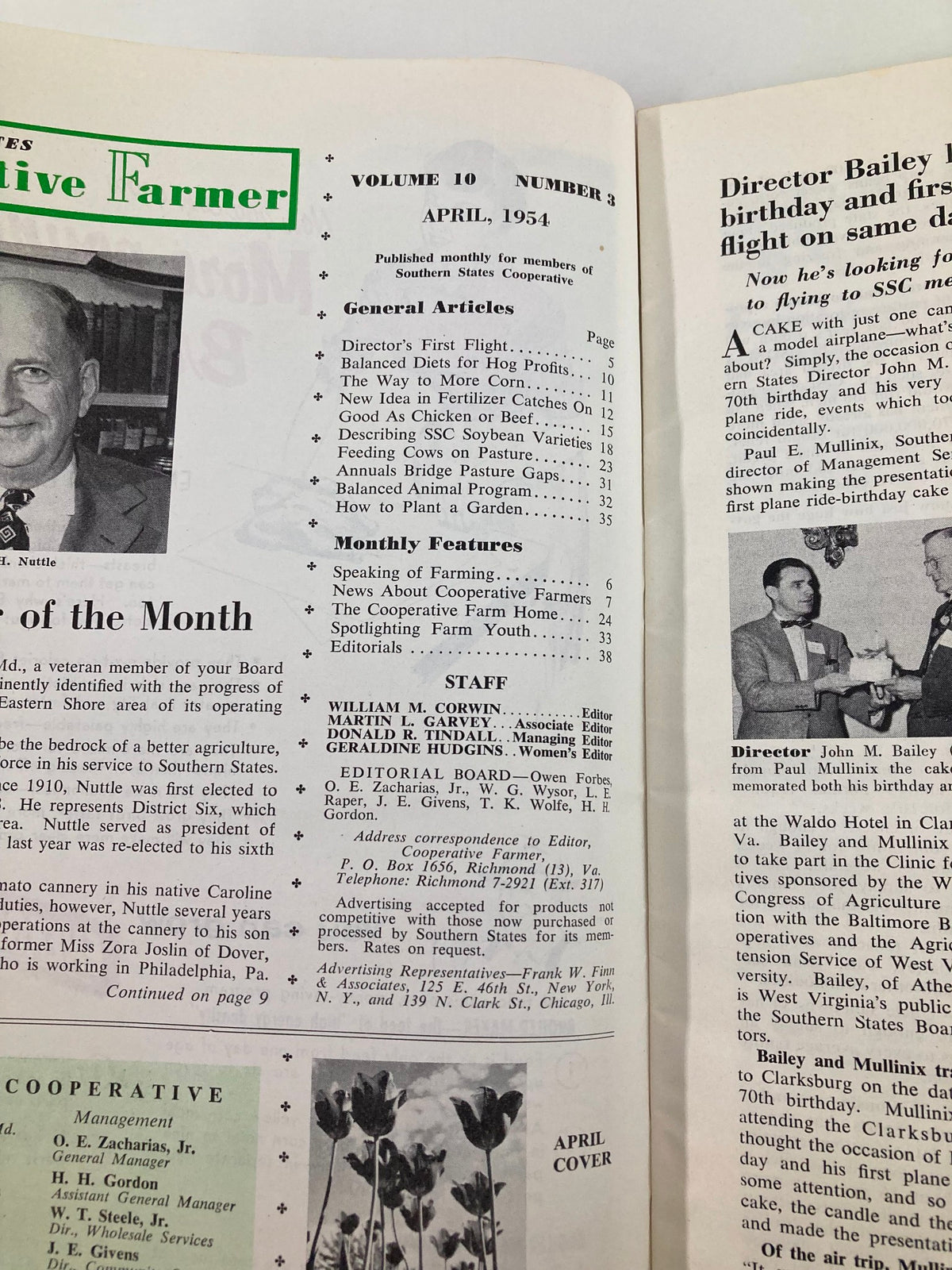 Inside page of Southern States Cooperative Farmer April 1954 magazine detailing general articles and featured contributors.