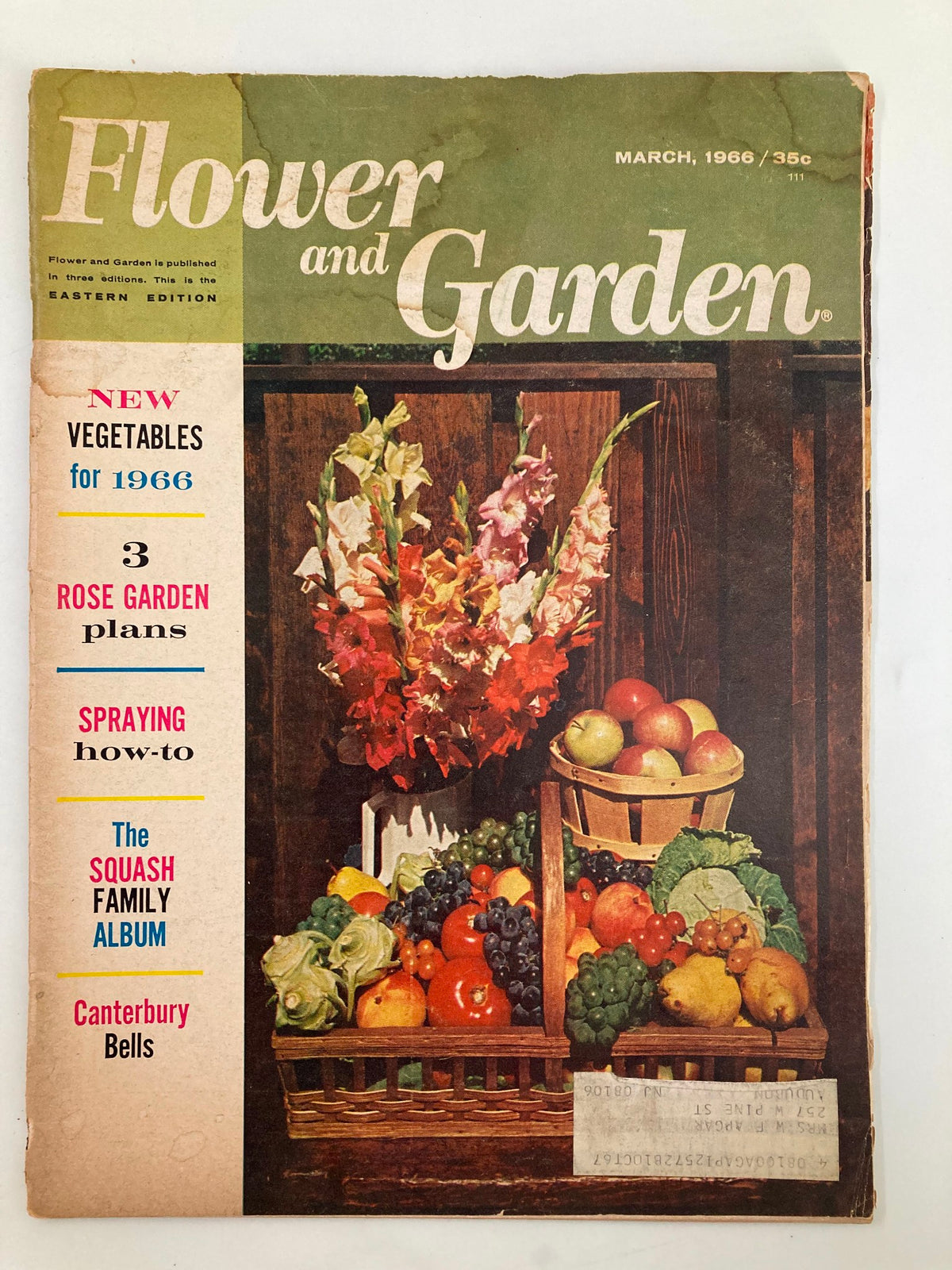 Cover of the VTG Flower and Garden Magazine from March 1966 showcasing fresh vegetables and floral arrangements related to 'The Squash Family Album,' reflecting the gardening culture of the 1960s.