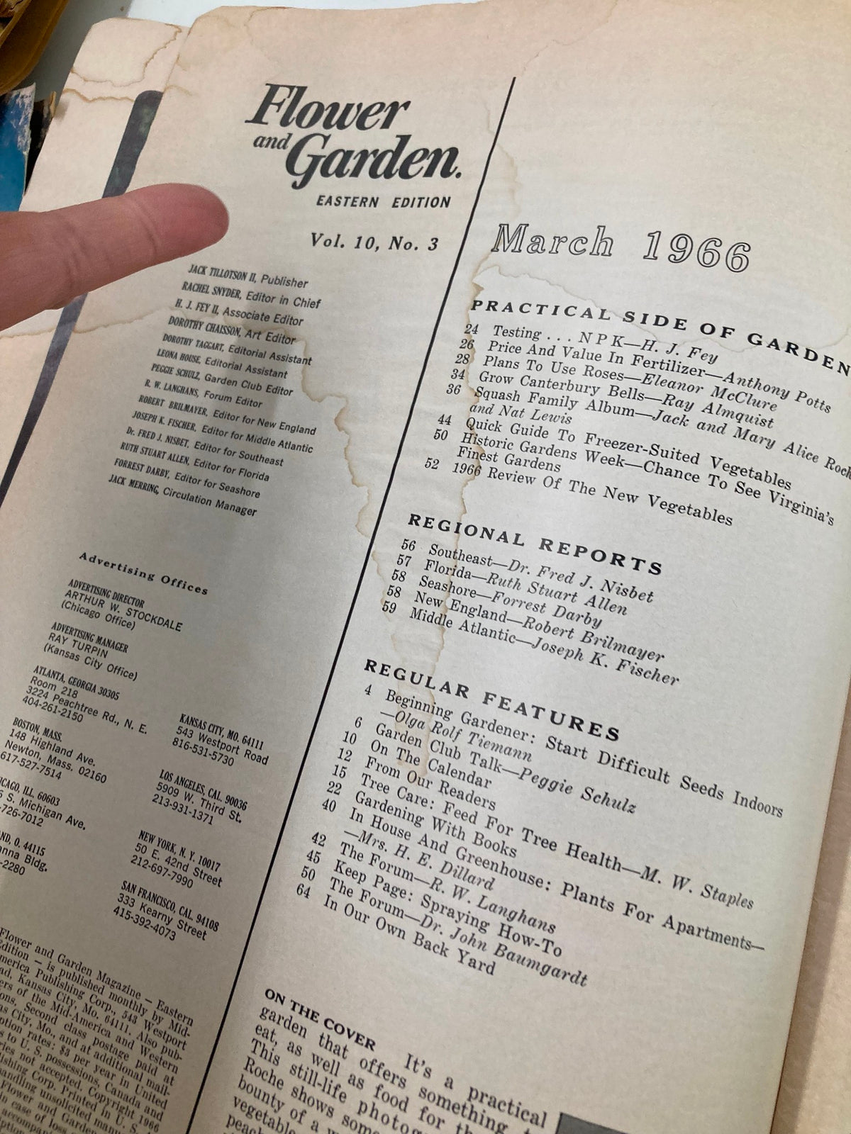 Another view of the interior page of VTG Flower and Garden Magazine March 1966, detailing editorial staff and key gardening articles featured in this vintage edition.