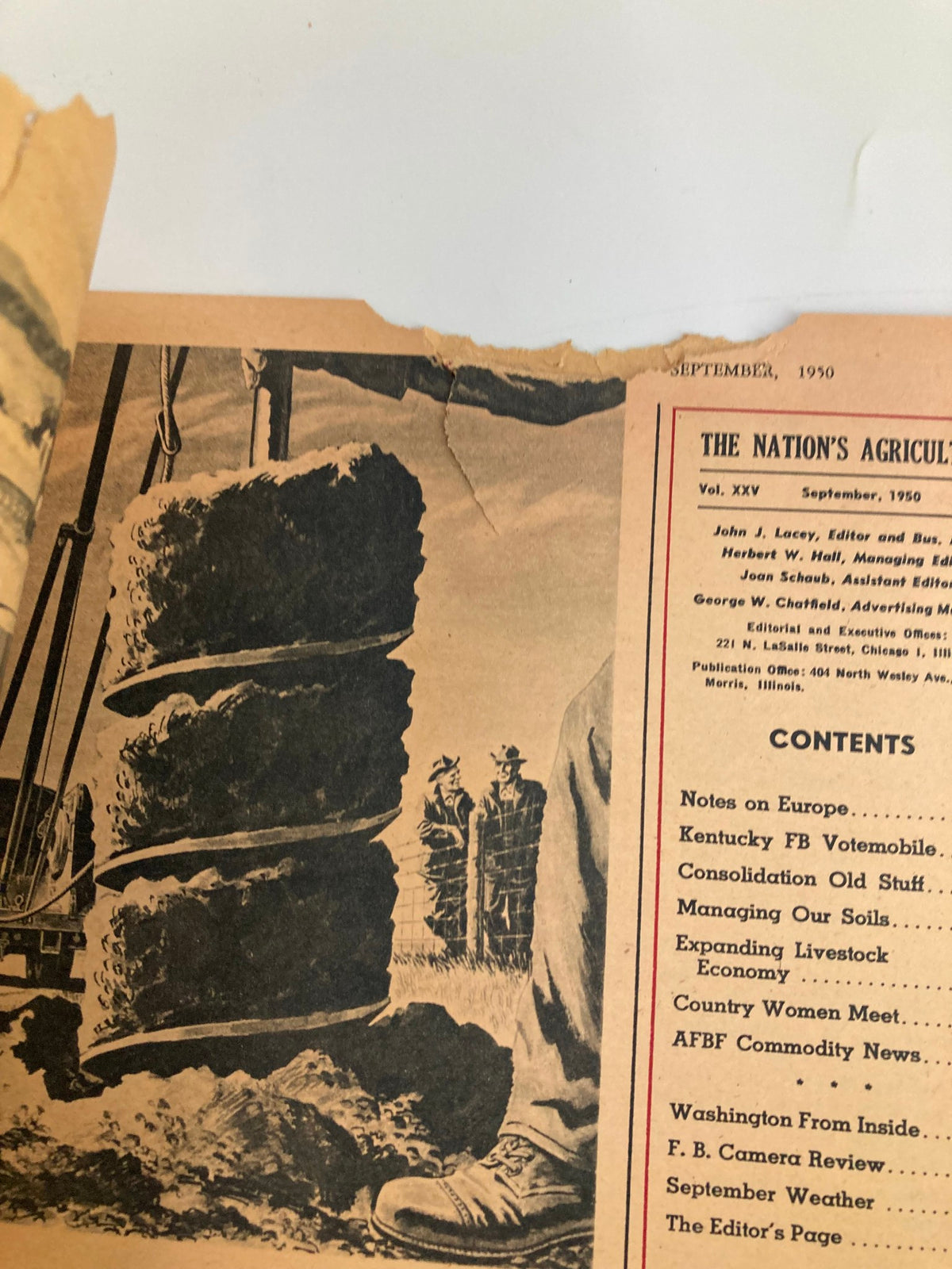 Detailed view of the inside page of VTG The Nation's Agriculture Magazine - September 1950 displaying editorial content and images related to agriculture.