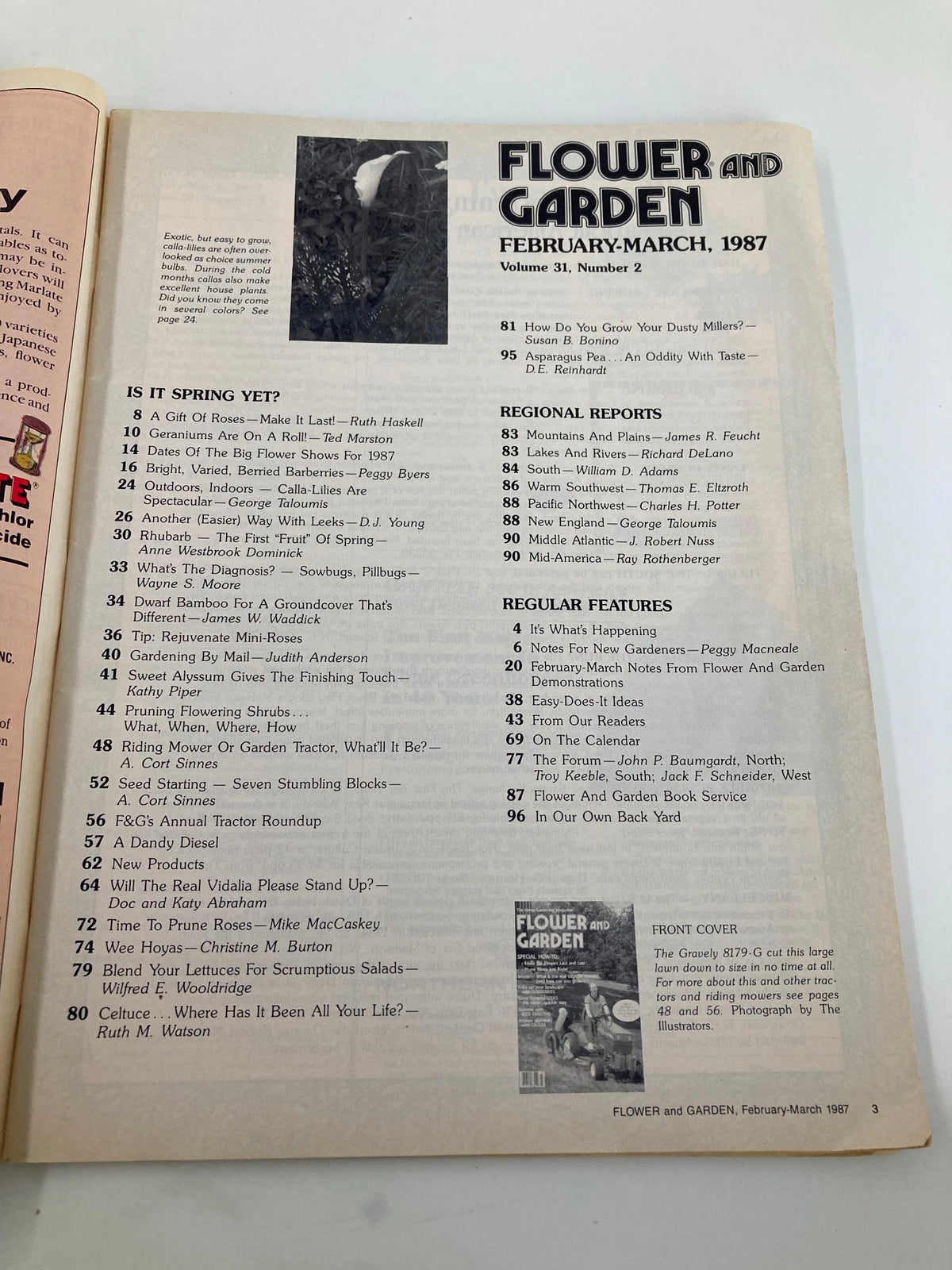 Table of contents for VTG Flower and Garden Magazine, February-March 1987, featuring articles on gardening, lawn care, and tractor insights.