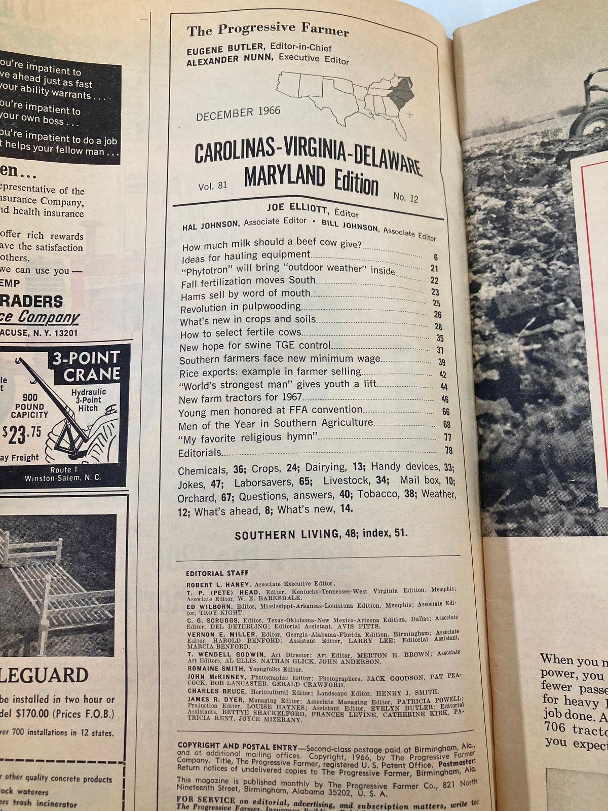 Contents page of VTG The Progressive Farmer Magazine December 1966 detailing articles on farming practices, including 'Hams Sell by Word of Mouth' and agricultural tips.