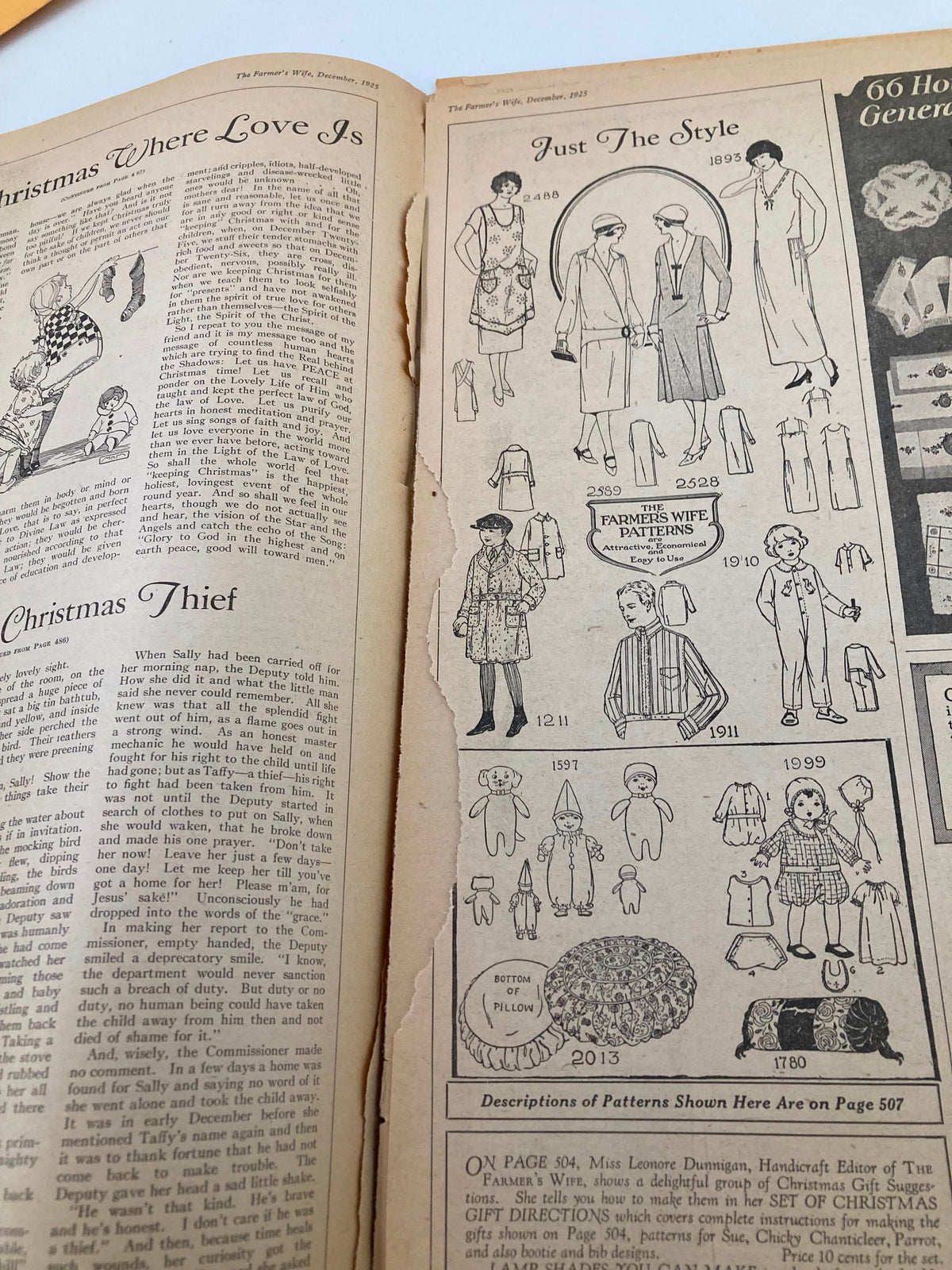 Interior page from VTG The Farmer's Wife Magazine December 1925 featuring an article about 'Taffy, A Christmas Thief' and vintage fashion illustrations.