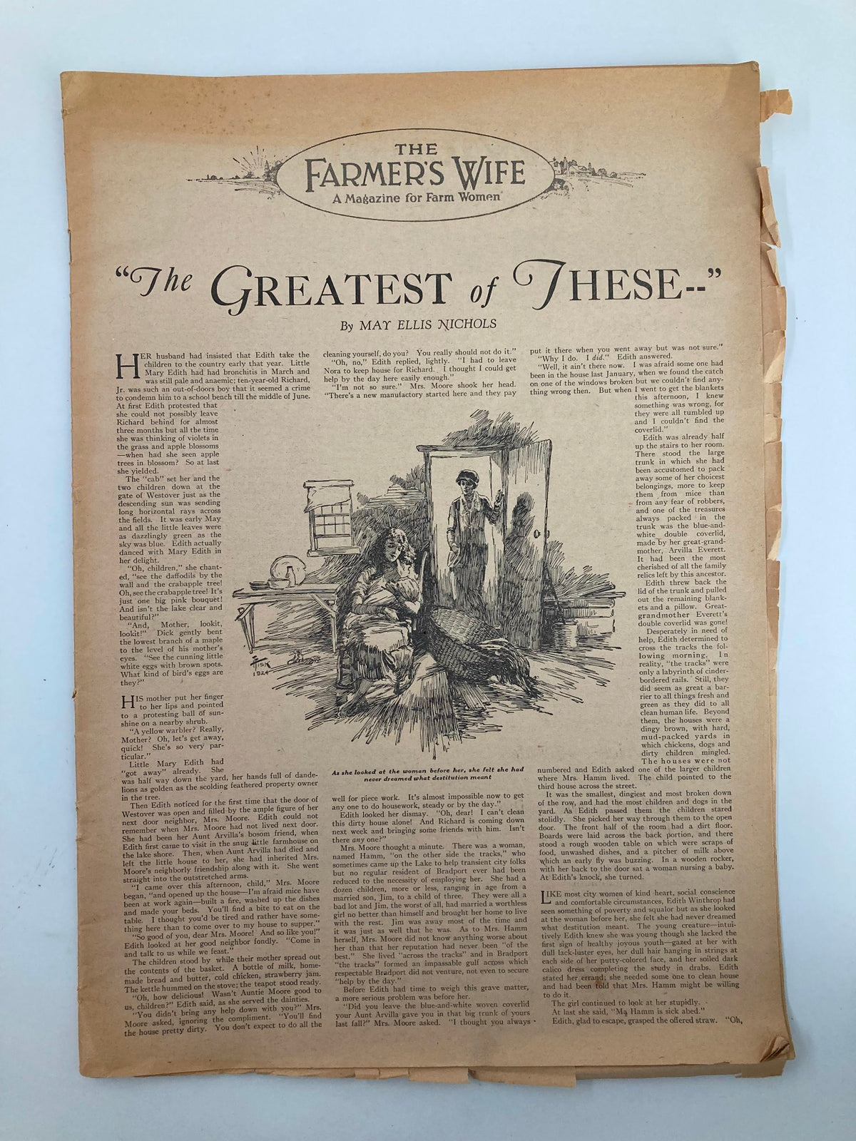 Vintage 1925 edition of The Farmer's Wife Magazine featuring the article 'The Greatest of These' by May Ellis Nichols, showcasing historical content and illustrations related to farm women.
