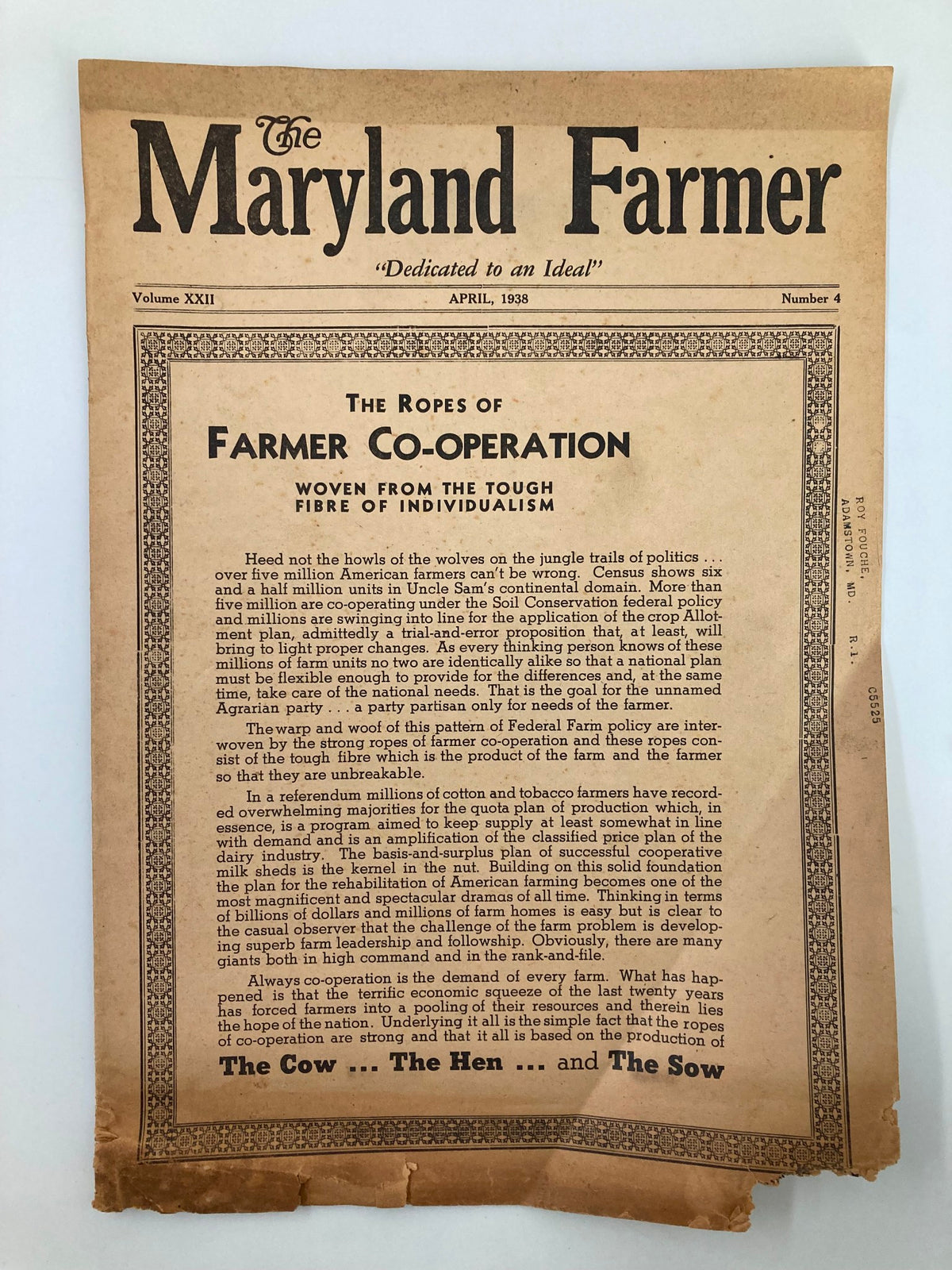 Cover of VTG The Maryland Farmer Magazine April 1938, featuring the title 'The Ropes of Farmer Co-operation' with detailed text and a vintage design.