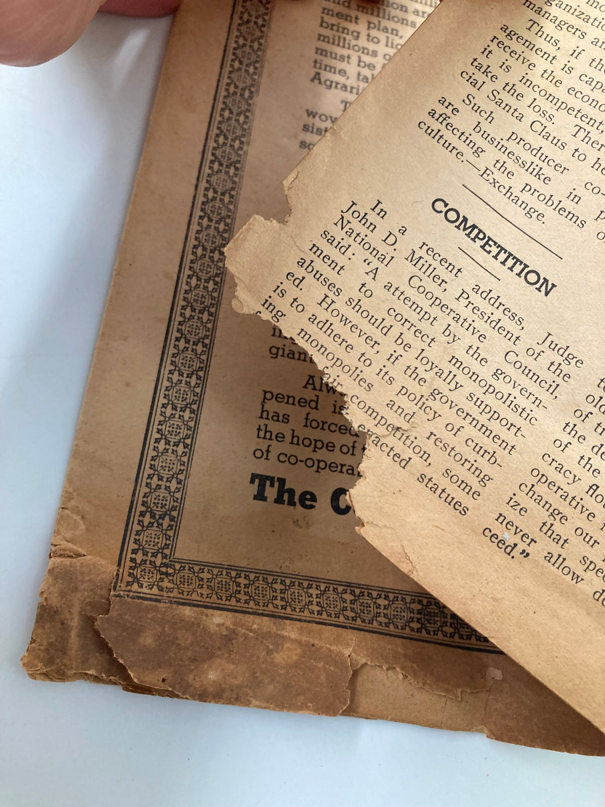 Close-up of an interior page from the April 1938 issue of VTG The Maryland Farmer Magazine, showing worn edges and printed text discussing farmer competition.