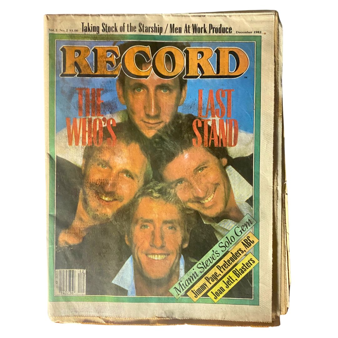 VTG Record Magazine December 1982, Vol 2 No 2 featuring The Who and Jimmy Page on the cover, showcasing iconic rock musicians and a snapshot of 1980s music history.
