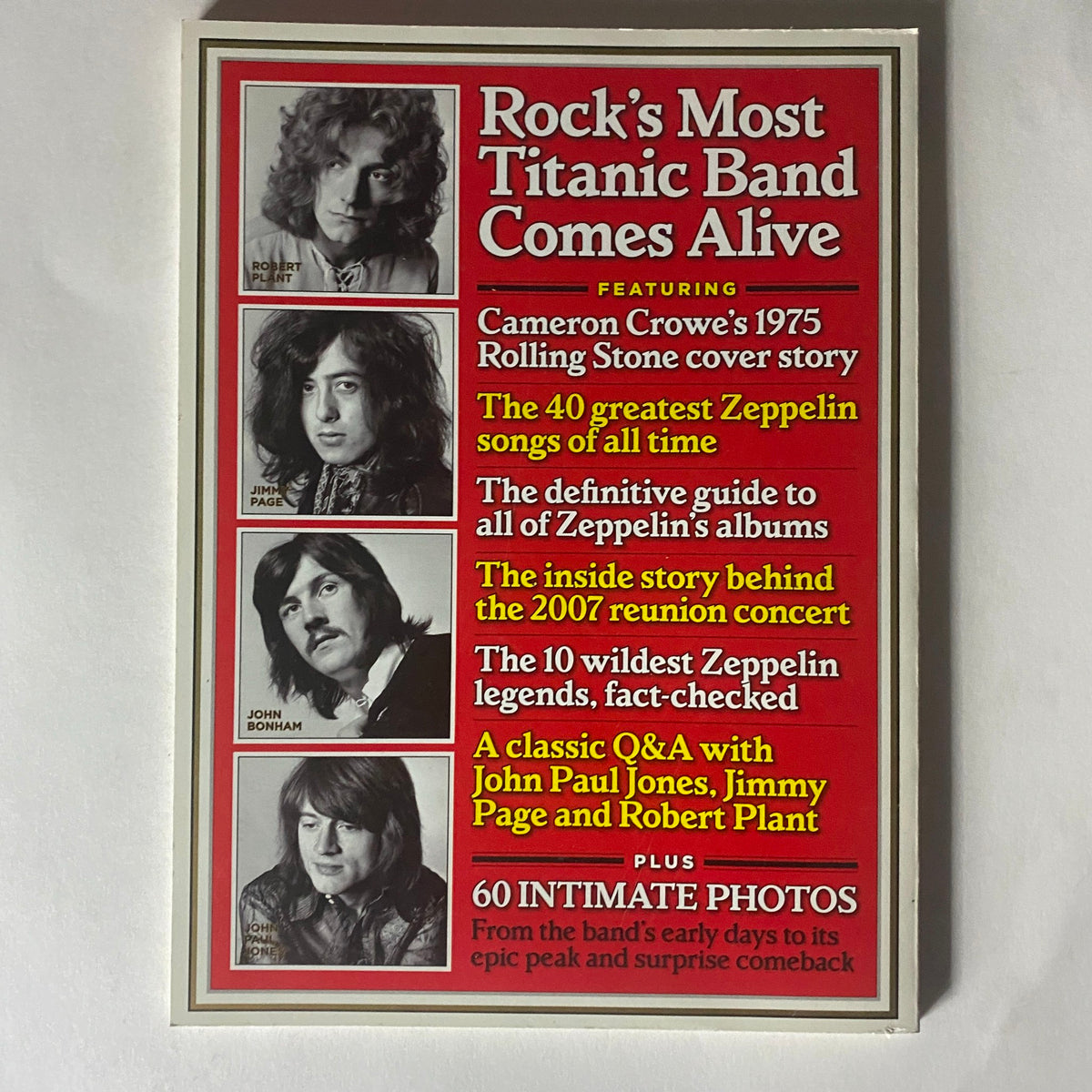 Back cover of Rolling Stone Magazine January 2013 Led Zeppelin Collectors Edition, featuring features about Led Zeppelin's greatest songs and intimate insights, designed for fans and collectors.