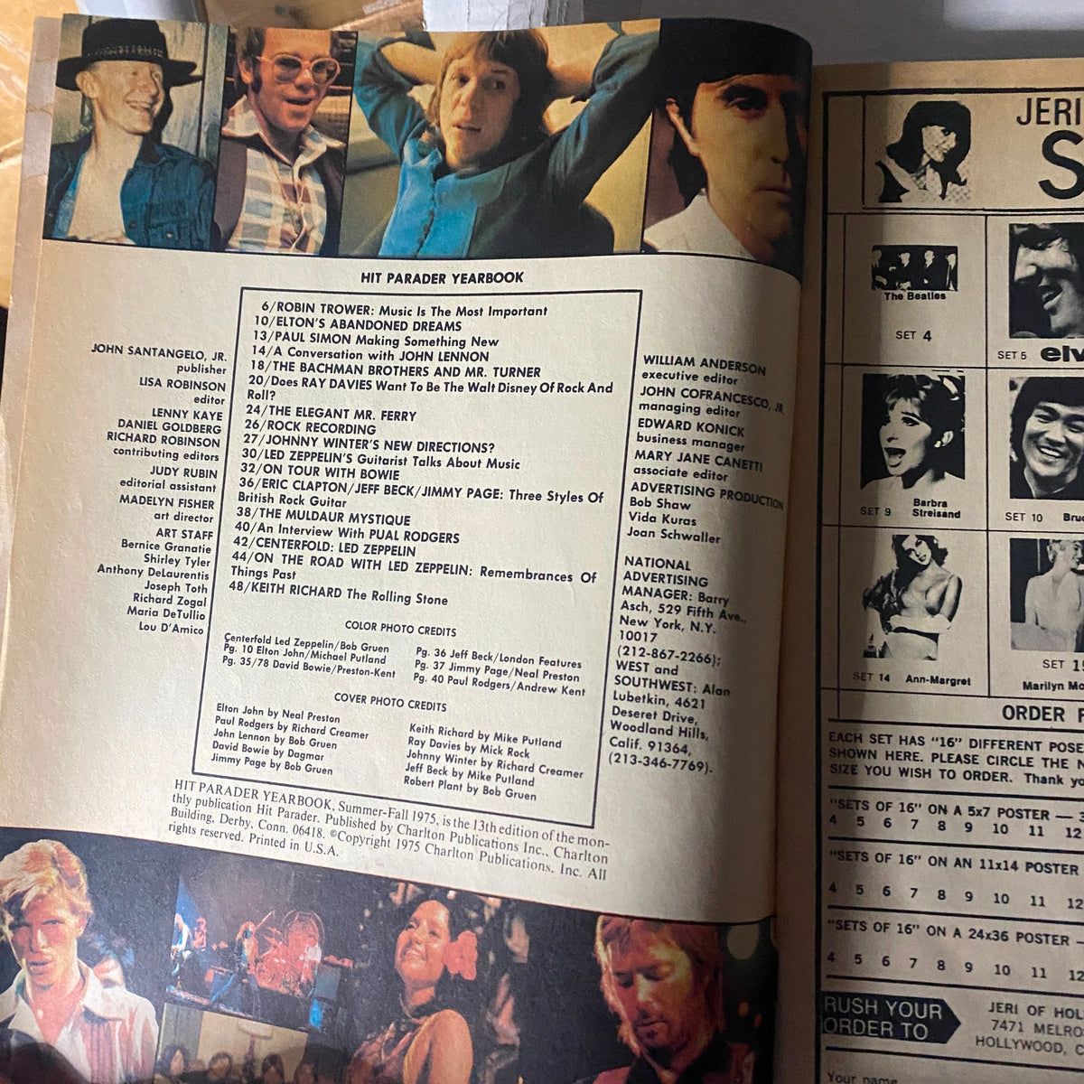 Inside page of the VTG Hit Parader Yearbook Summer Fall 1975 showcasing notable music artists and articles.