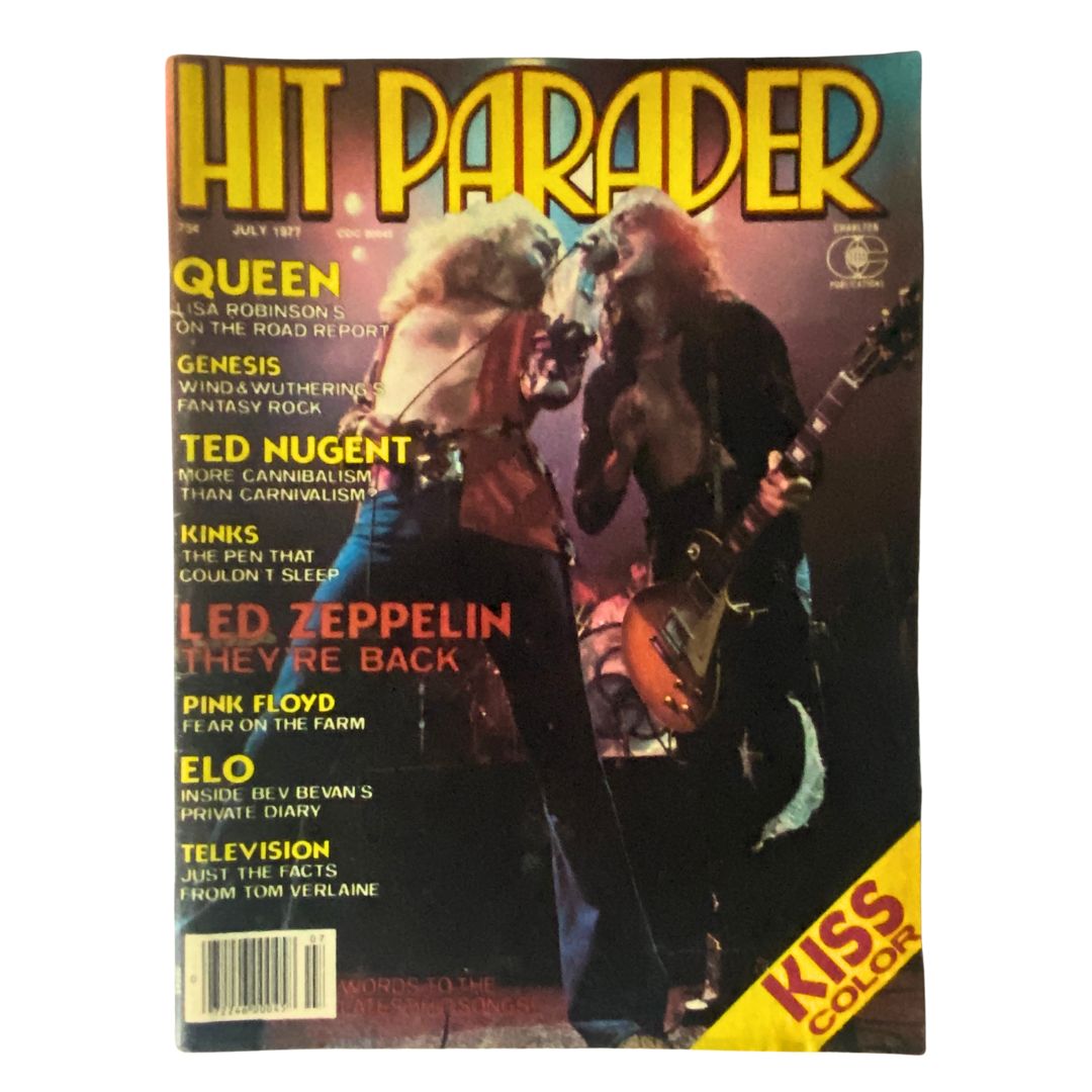 Cover of VTG Hit Parader Magazine July 1977 featuring Kiss and Queen with colorful graphics showcasing iconic bands and music history.