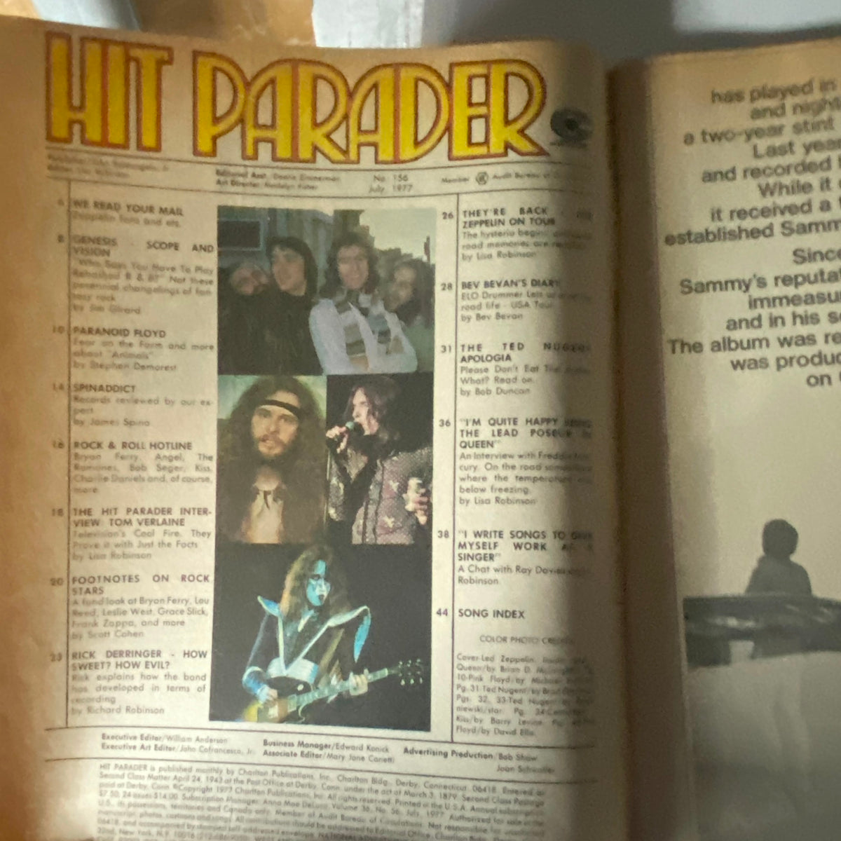 Inside page of VTG Hit Parader Magazine July 1977 showcasing a layout with artist features, including images of notable bands and articles related to rock music.