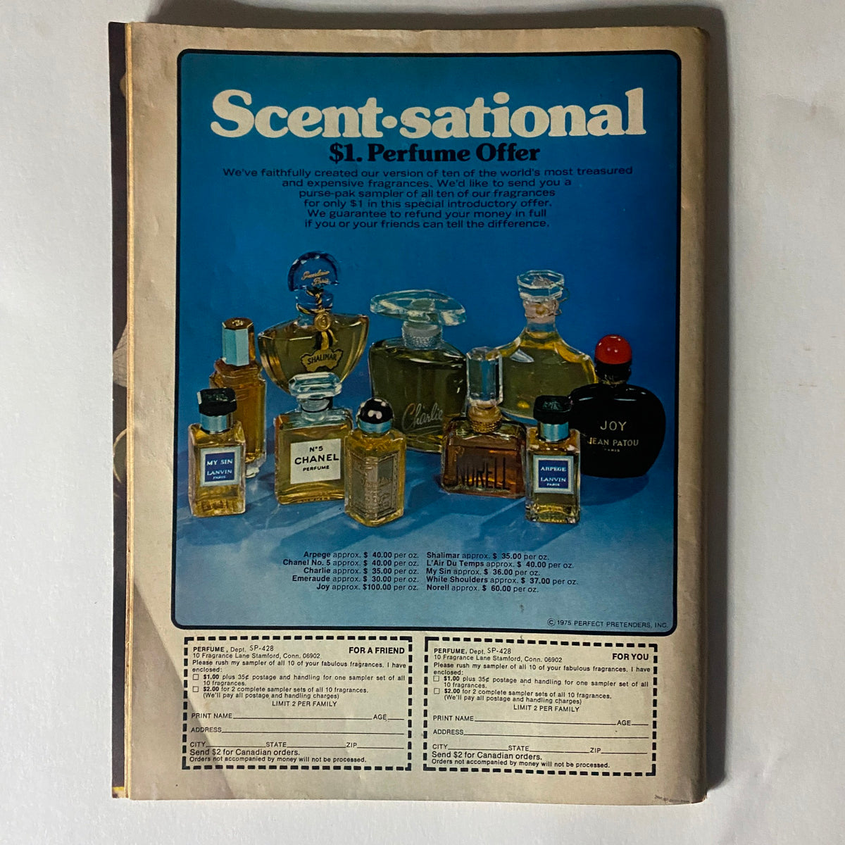 Vintage advertisement from the July 1976 issue of Hit Parader magazine featuring a perfume offer titled 'Scent-sational' with various perfume bottles displayed, highlighting iconic brands such as Chanel and Joy. This collectible magazine features rock legends Kiss and Robert Plant.