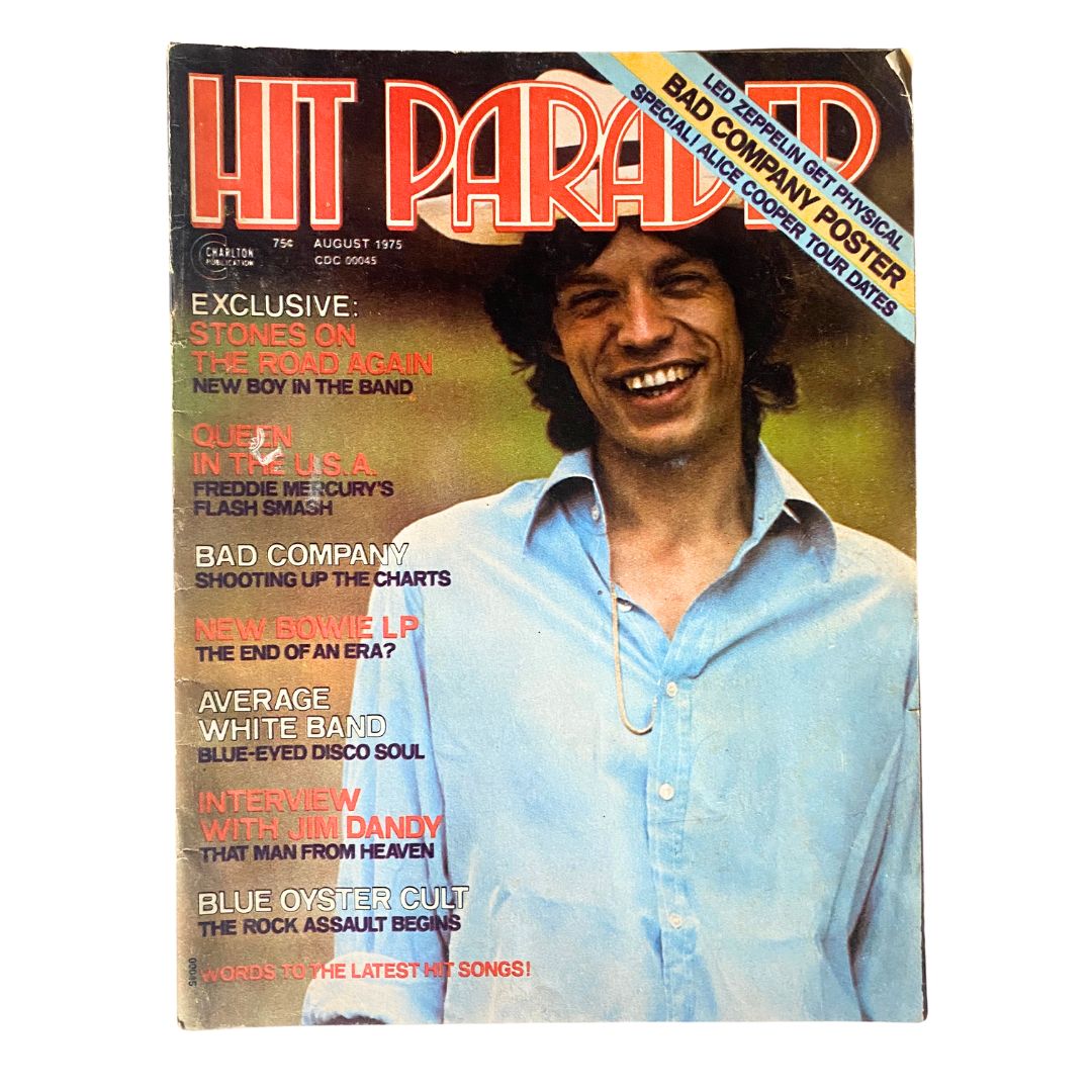 Cover of VTG Hit Parader Magazine August 1975 featuring Mick Jagger, showcasing the vibrant rock culture of the 1970s.