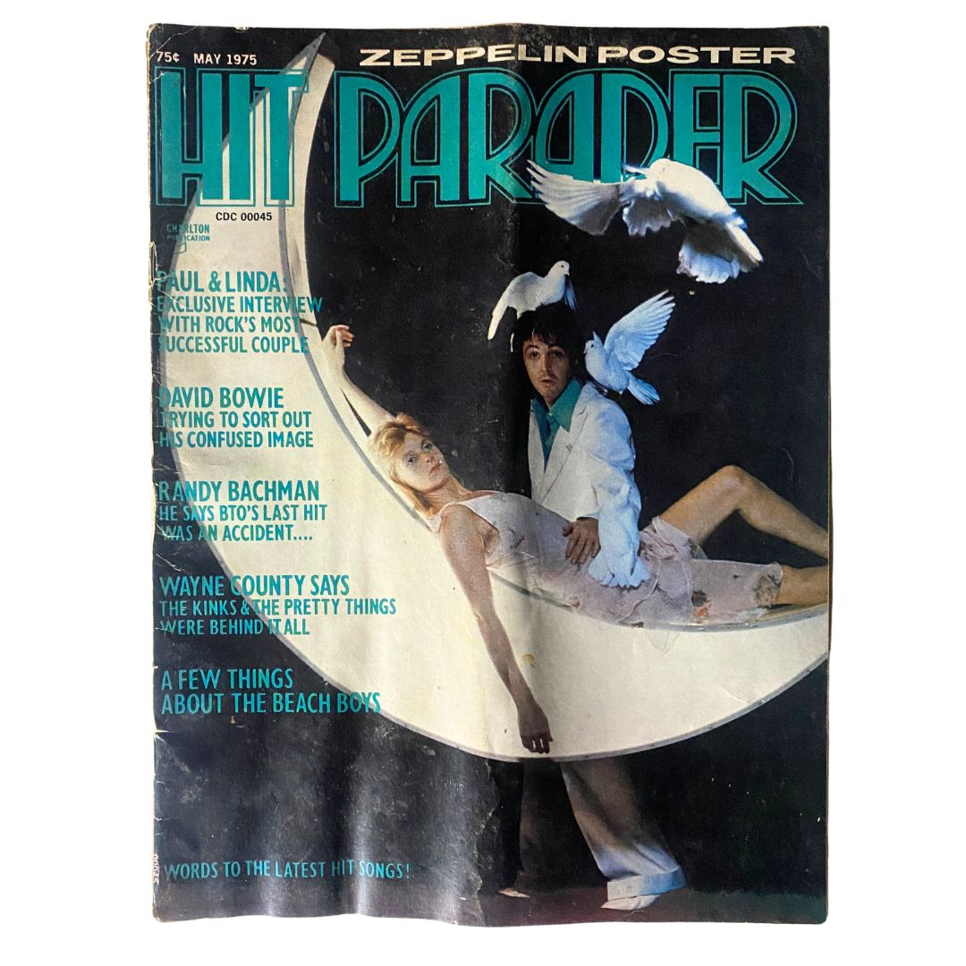Cover of the May 1975 VTG Hit Parader Magazine featuring Paul and Linda McCartney, highlighting exclusive content and the cultural significance of the 1970s music scene.
