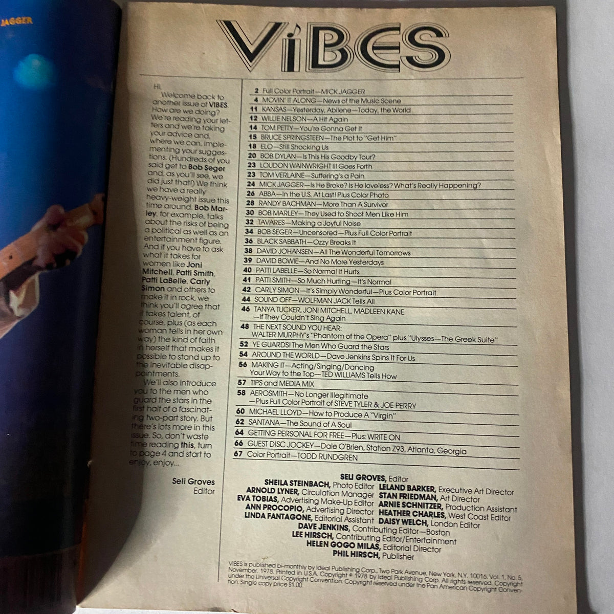 Vibes Magazine November 1978 with contents page featuring Mick Jagger. Collectible vintage magazine showcasing music culture of the late 1970s.