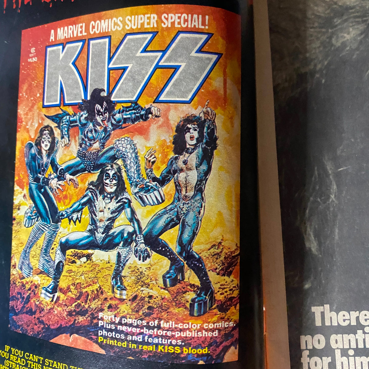 Inside page of the VTG Rock Scene Magazine September 1977 showcasing KISS comic special alongside promotional imagery, celebrating classic rock culture.