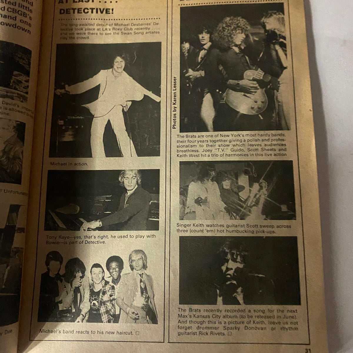 Concert images from Rock Scene Magazine September 1977, highlighting Michael Des Barres, Tony Kaye, and The Brats performing live, reflecting the vibrant music scene at the time.