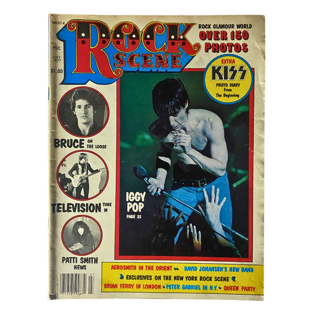 Cover of the VTG Rock Scene Magazine July 1977 featuring Iggy Pop with Bruce Springsteen, showcasing iconic rock artists, vibrant colors, and retro design elements.