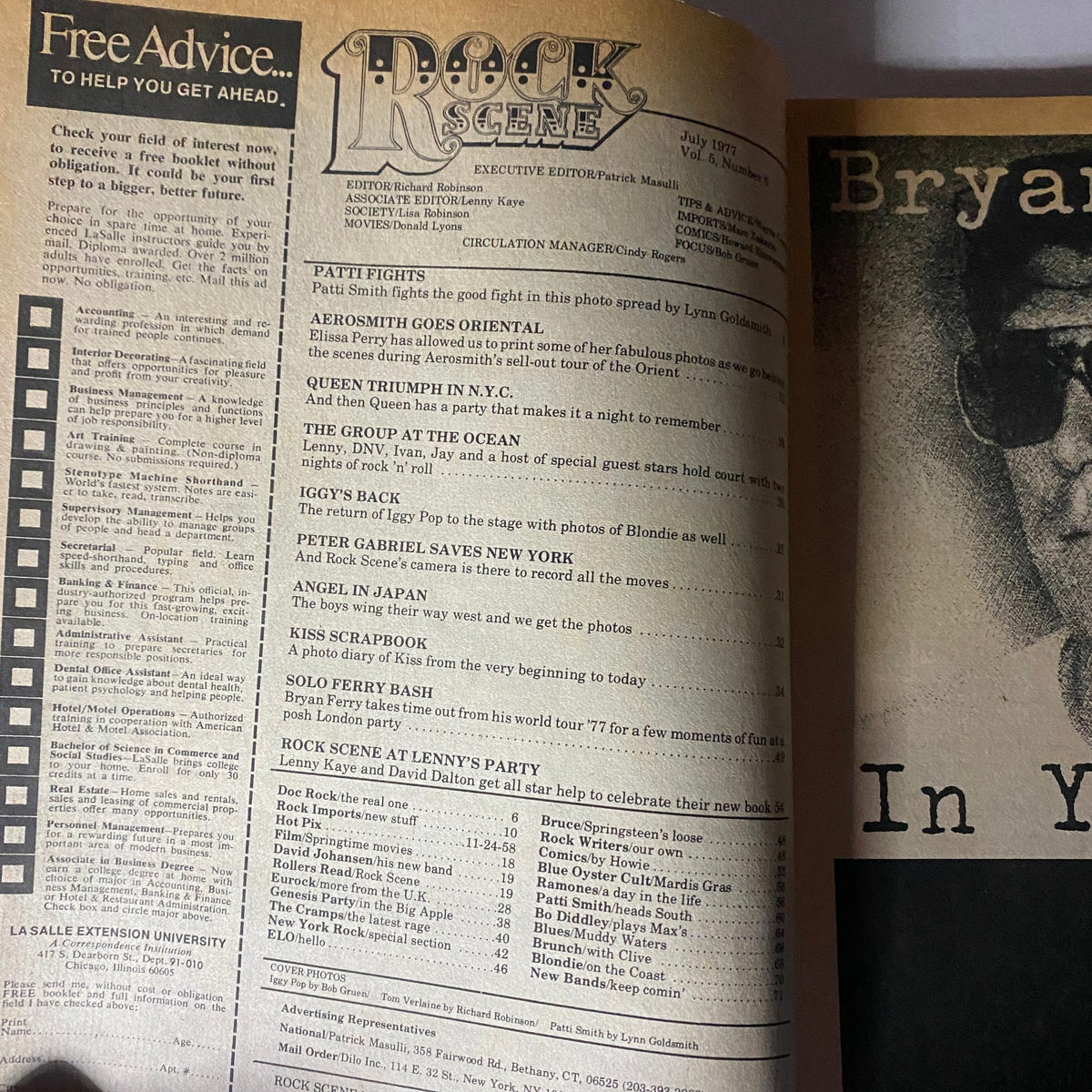 Interior page of the VTG Rock Scene Magazine July 1977 with a list of features including Iggy's Back and news on Patti Smith, highlighting the magazine's content related to classic rock history.